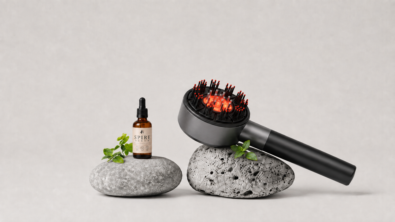 RootPulse hovedbundsboerste med taendt roedt lys og Spire Serum stillet op paa sten